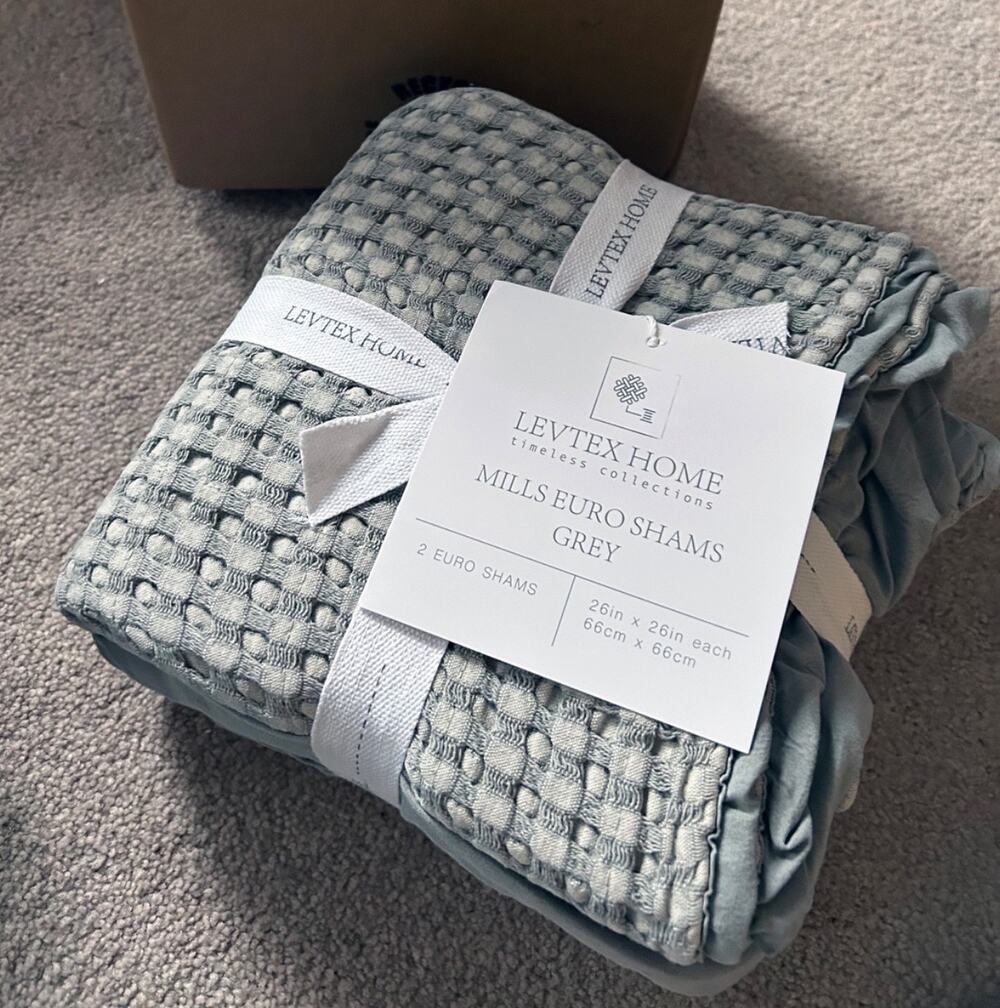NWT! Levtex Home Mills Waffle Gray Euro Sham Pillow Cover Set of 2, 26" x 26"